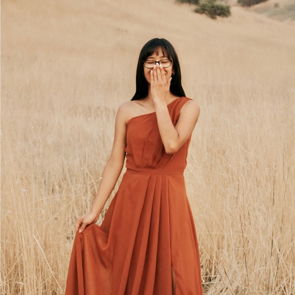 Chic One Shoulder Rust Dress - Picture 2 of 4
